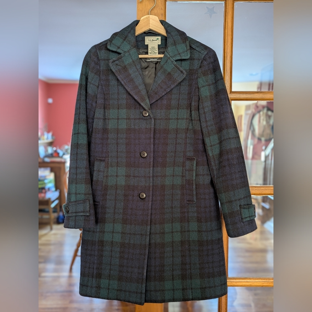 L.L. Bean wool polo coat, black watch tartan, size 6